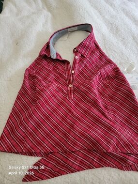 Liz Claiborne Red and Black Plaid Sleeveless Polo
